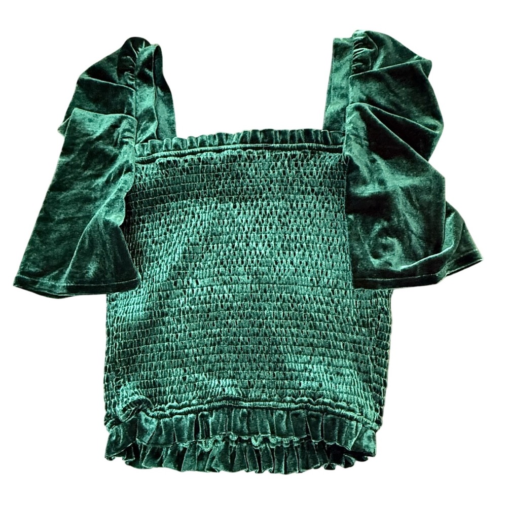 Sugar + Lips XS Emerald Green Velvet Smocked Puff Sleeve Top NWT